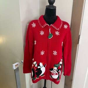 Vintage Tiara International Full Zip Christmas Sweater Penguins Red Knit Holiday